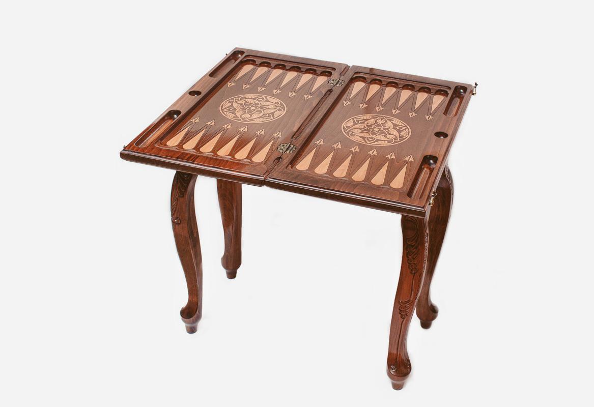 Facing lions backgammon table opened flat showing the inlaid playing field