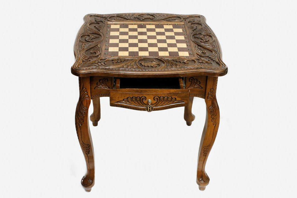 Carved chess table, side profile