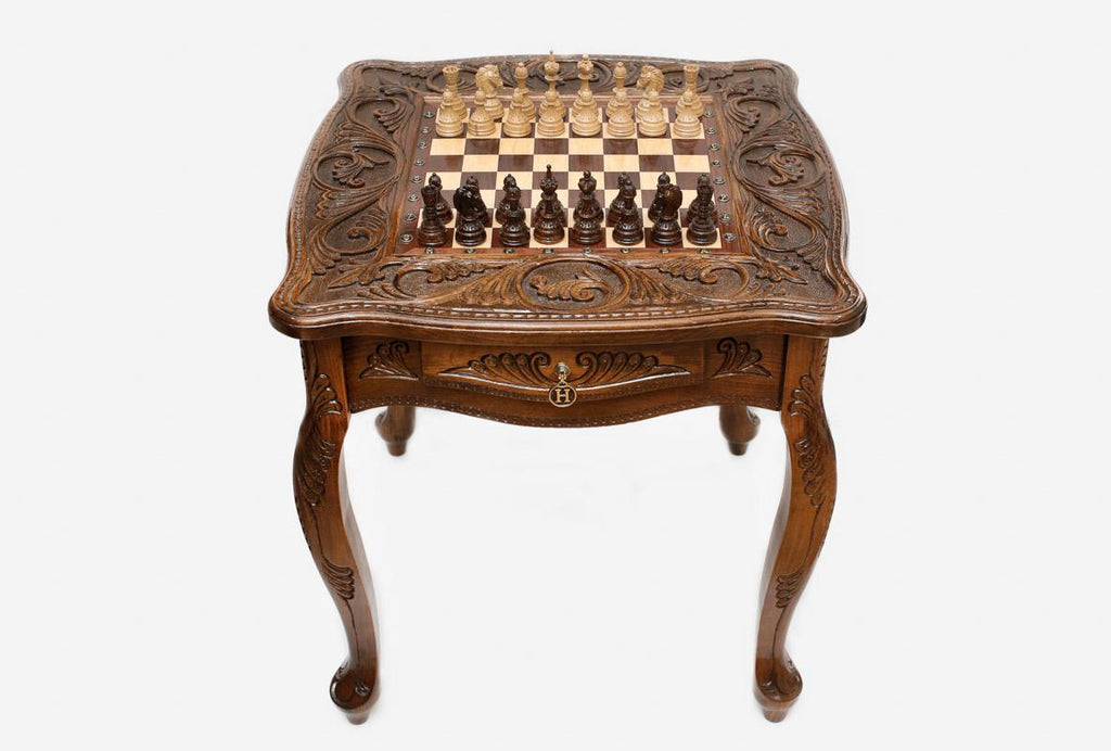 Luxury carved wooden chess table on a hand-carved pedestal