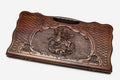 Carved beechwood backgammon board with Saint George slaying the dragon, propped open