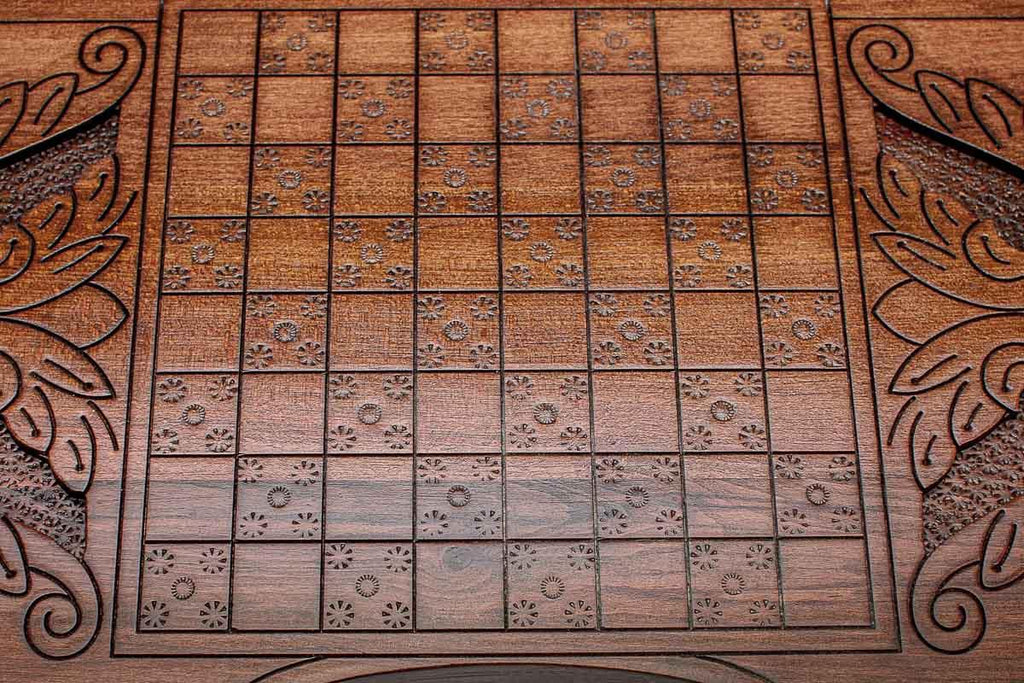 Angled view of the Saint George carved backgammon board