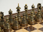 Closed view of a handmade chess set with storage, featuring bronze chess pieces visible inside.