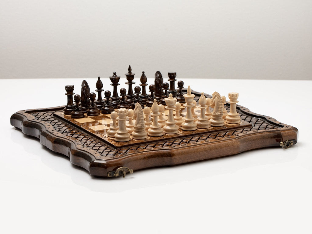 Carved wooden chess set from an angled view