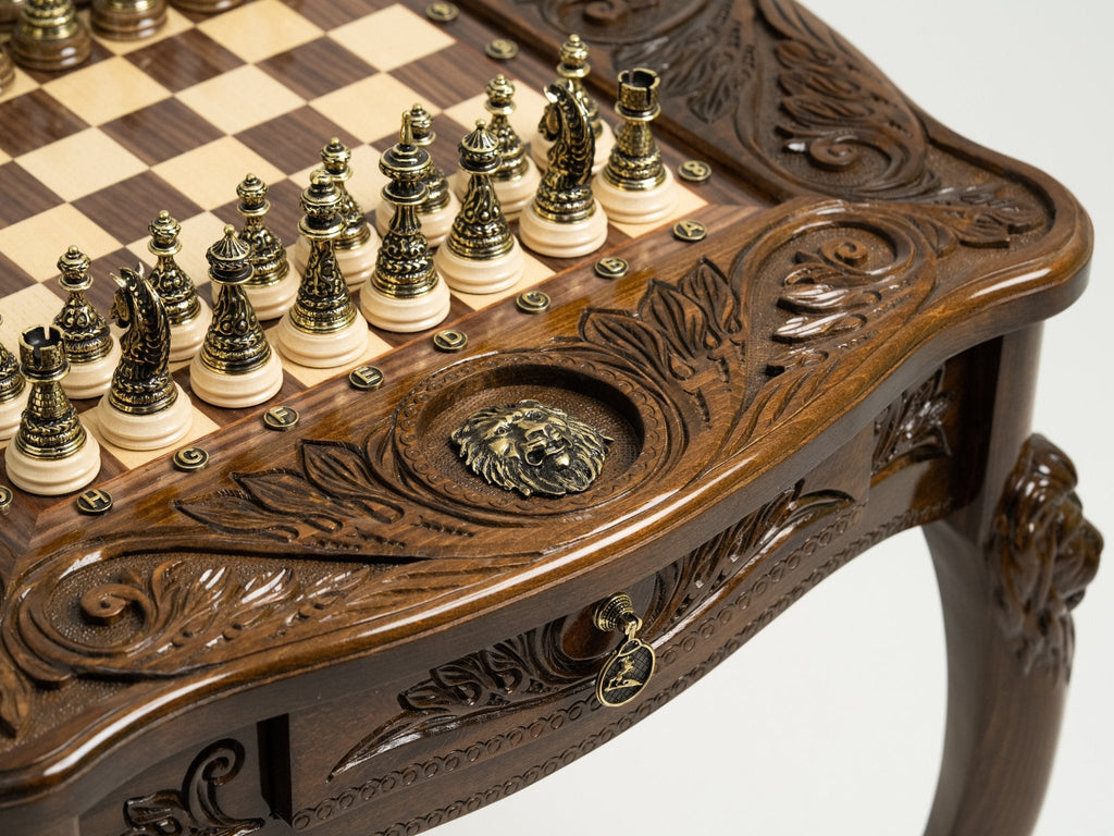 Close-up of the carved border on the lion chess table