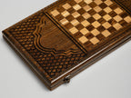Wooden playing pieces and dice of the Armenian backgammon set