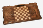 Angled view of the eagle and octagon carved backgammon board