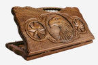 Carved beechwood backgammon board with an eagle in an octagonal star ornament and a carry handle, propped open