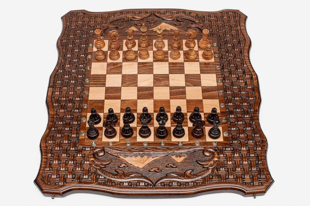 Luxury Armenian chess set with Mount Ararat carved in relief