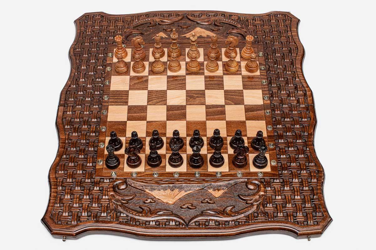 Luxury Armenian chess set with Mount Ararat carved in relief