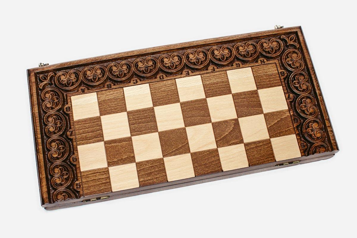 Ornament-carved chess set shown folded