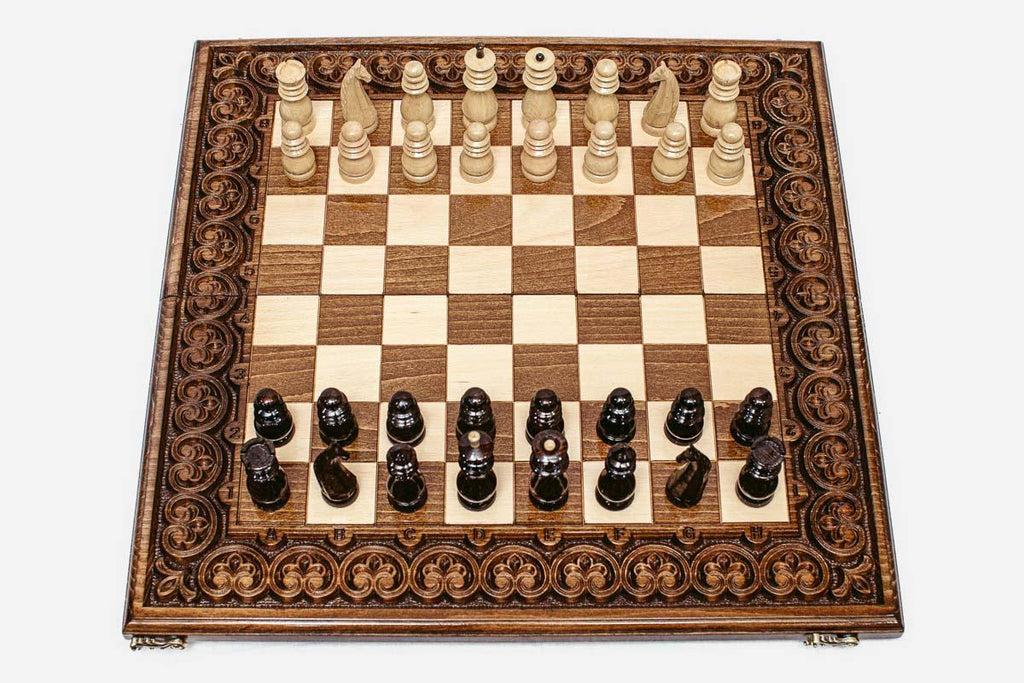 Luxury chess set with hand-carved floral ornament border