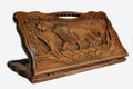 Carved beechwood backgammon board with a lion in an octagonal star ornament and a carry handle, propped open