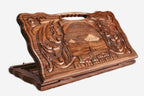 Carved beechwood backgammon board with a landscape of Mount Ararat and Khor Virap monastery, propped open
