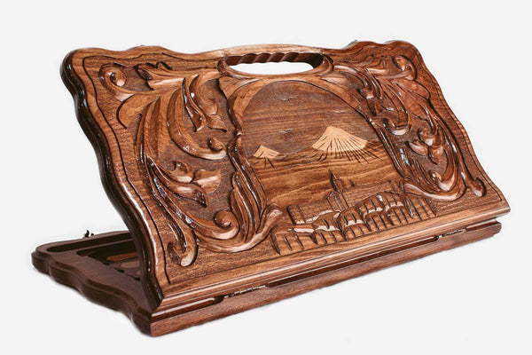 Carved beechwood backgammon board with a landscape of Mount Ararat and Khor Virap monastery, propped open