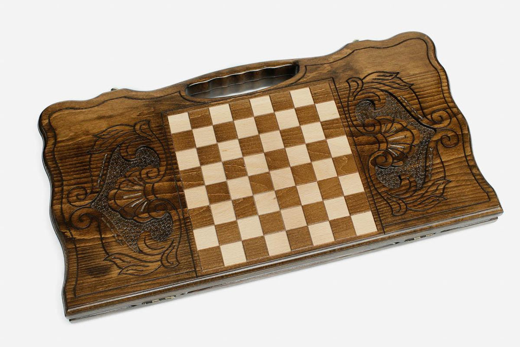 Angled view of the two deer carved backgammon board