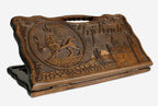 Carved beechwood backgammon board with the lion emblem of Yerevan and city landmarks, propped open