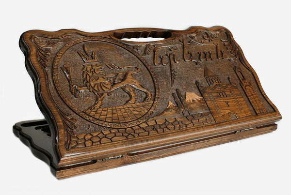 Carved beechwood backgammon board with the lion emblem of Yerevan and city landmarks, propped open