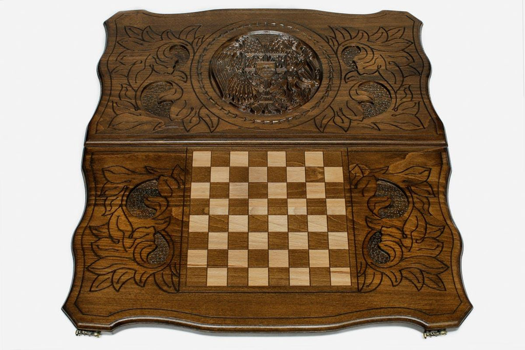 Armenian backgammon board with carved coat of arms, top view
