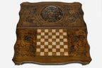 Armenian backgammon board with carved coat of arms, top view