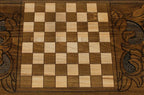 Beech and walnut checkers with dice on the nardi field