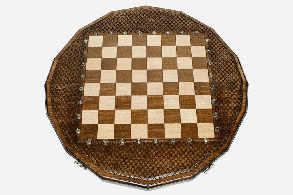 Angled view of the sixteen-sided chess board with its beech and walnut pieces