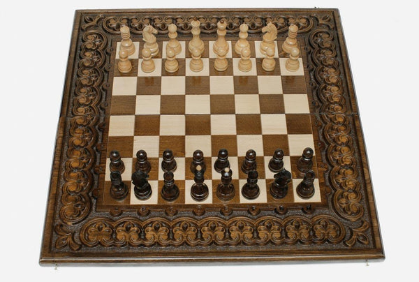 Luxury chess set with hand-carved floral ornaments