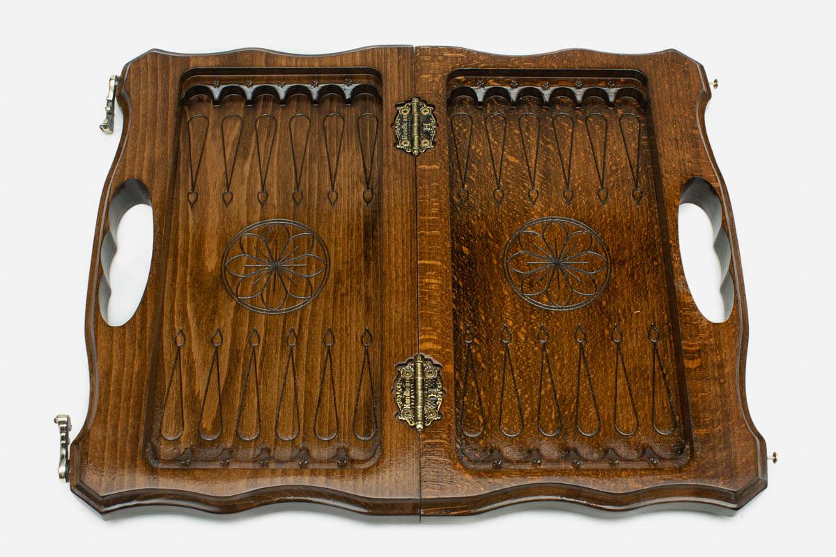 Close-up of the lattice carving on the beech board
