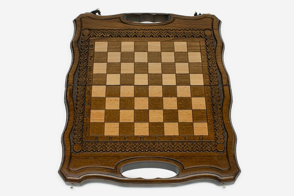 Small wooden chess backgammon set with bronze clasps