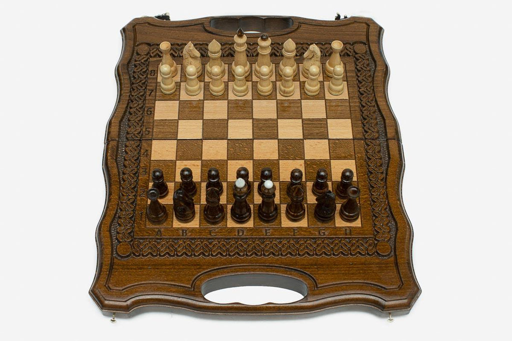 Travel chess set with hand-cut lattice and backgammon inside