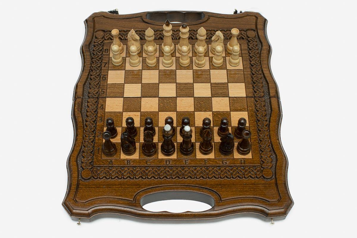Travel chess set with hand-cut lattice and backgammon inside