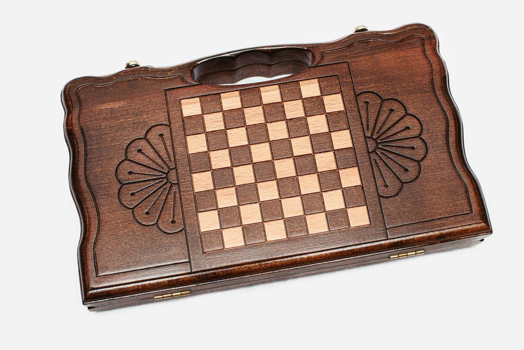 Angled view of the mini octagon backgammon board
