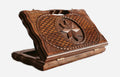 Compact carved beechwood backgammon board with an octagonal star ornament and a carry handle, propped open