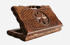 Compact carved beechwood backgammon board with an octagonal star ornament and a carry handle, propped open