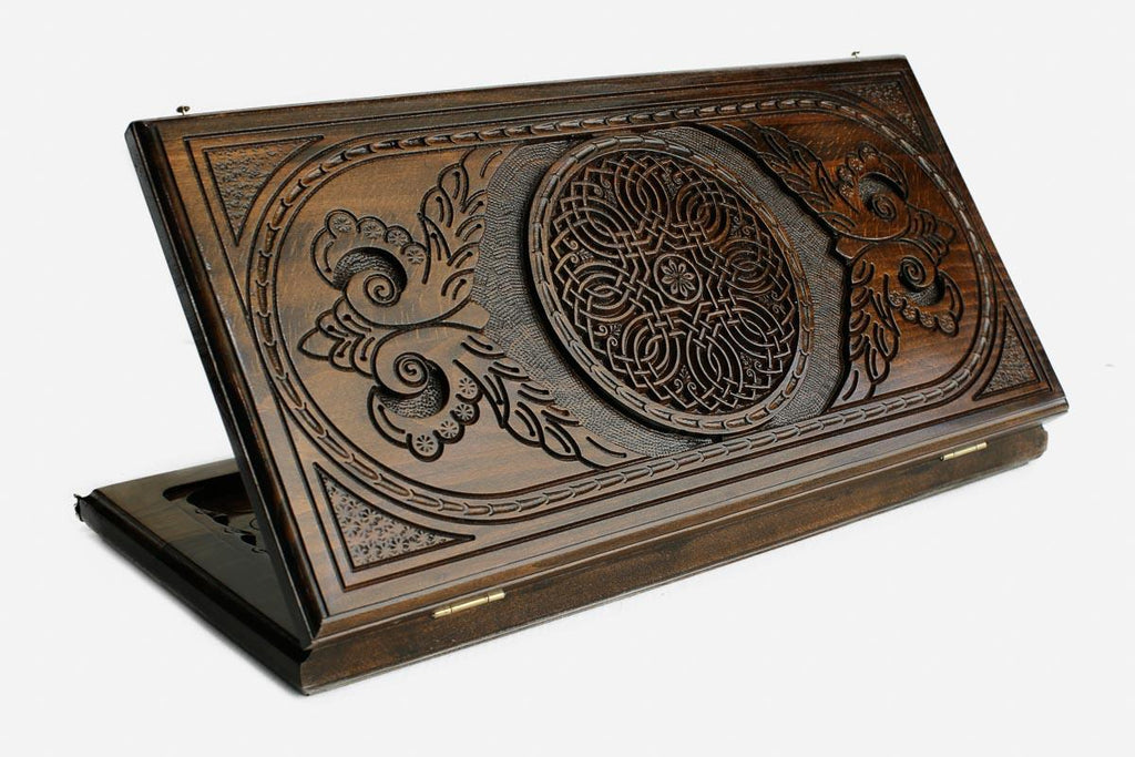 Armenian backgammon set with carved ornament, handmade wooden board