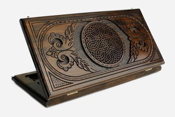 Armenian backgammon set with carved ornament, handmade wooden board