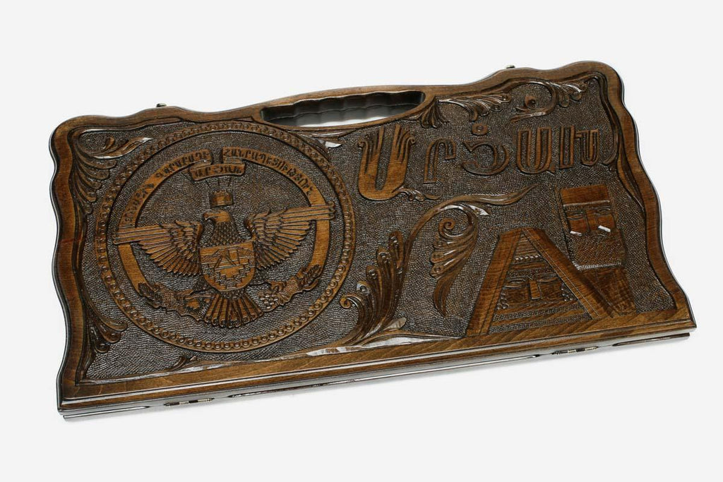 Angled view of the Armenia and Artsakh carved backgammon board