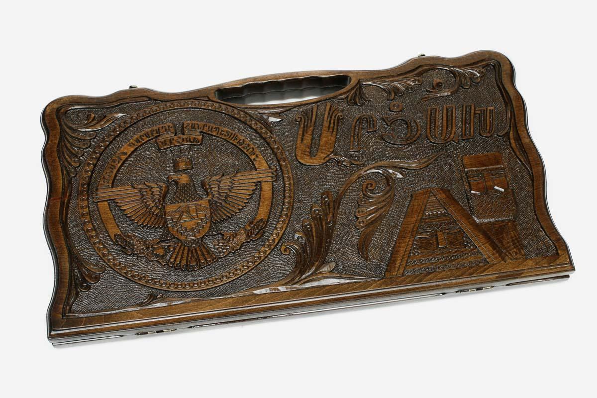 Angled view of the Armenia and Artsakh carved backgammon board