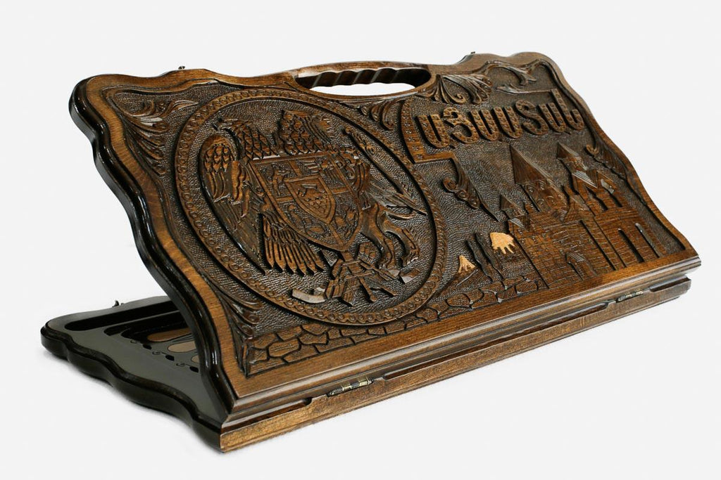 Carved beechwood backgammon board with the Armenian and Artsakh emblems, propped open