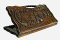 Carved beechwood backgammon board with the Armenian and Artsakh emblems, propped open