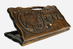 Carved beechwood backgammon board with the Armenian and Artsakh emblems, propped open