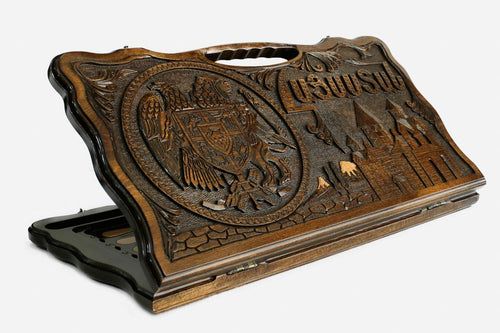 Carved beechwood backgammon board with the Armenian and Artsakh emblems, propped open