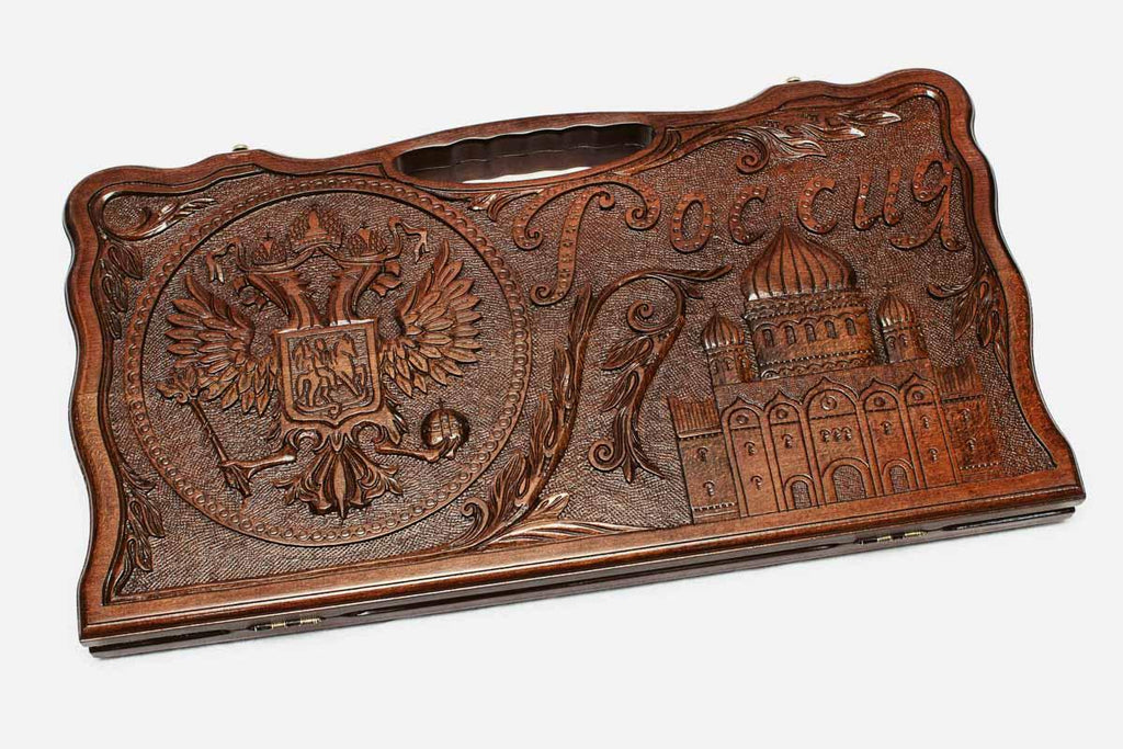 Angled view of the Armenia and Russia carved backgammon board