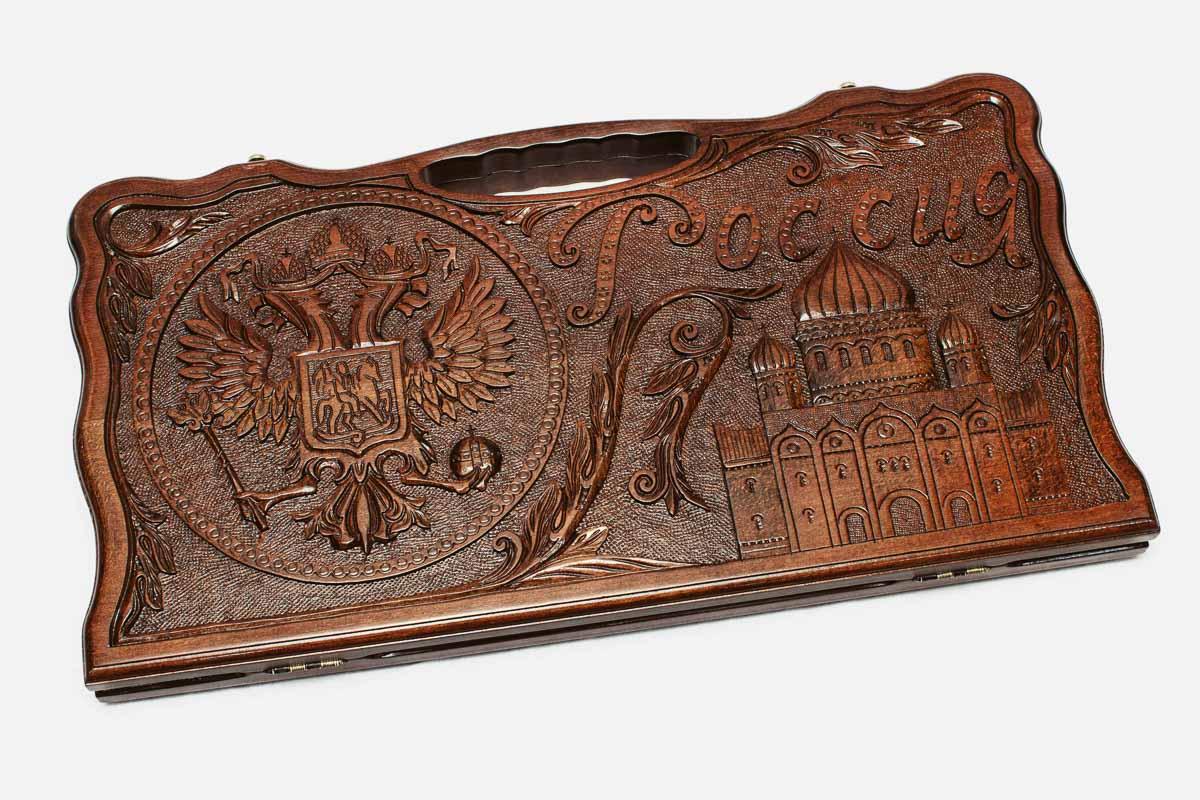 Angled view of the Armenia and Russia carved backgammon board