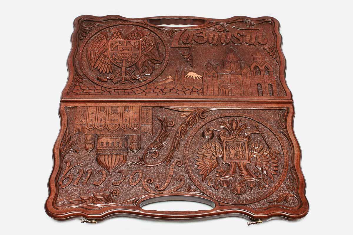Close-up of the carved Russian church and Cyrillic script