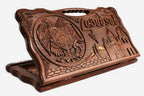 Carved beechwood backgammon board with the Armenian coat of arms and Russian landmarks, propped open
