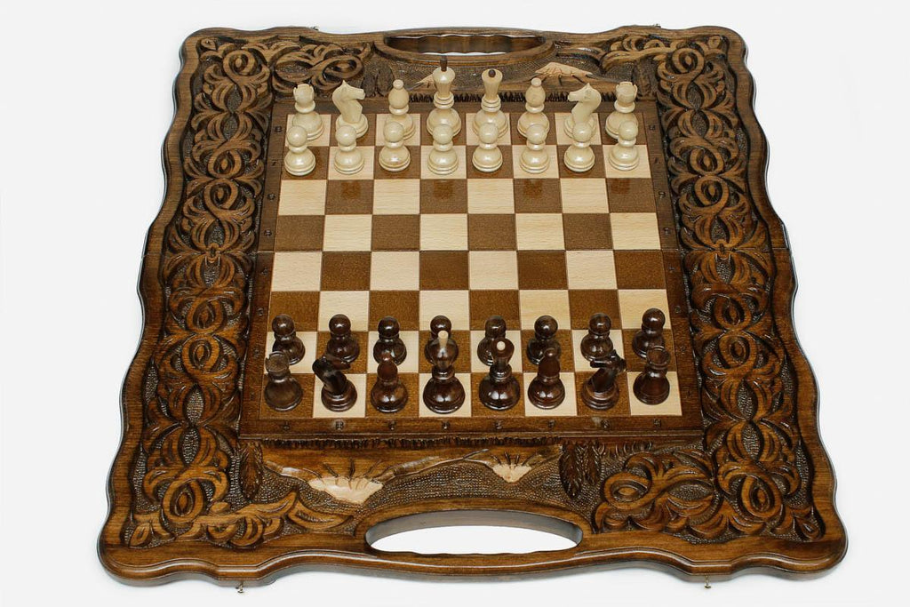 Luxury Armenian chess backgammon set with Mount Ararat carved in relief