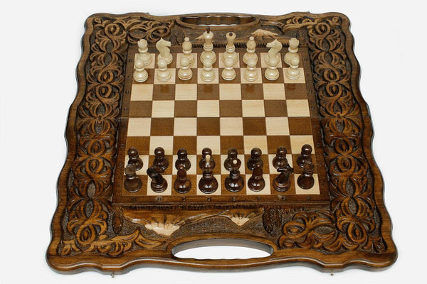 Luxury Armenian chess backgammon set with Mount Ararat carved in relief