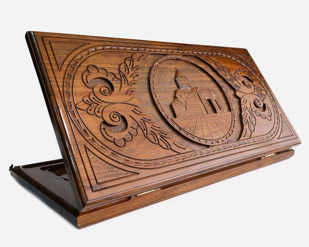 Armenian backgammon set carved with Tatev Monastery