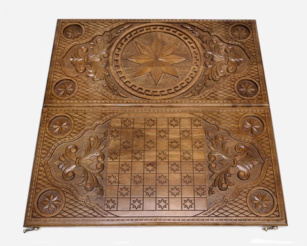 Walnut backgammon set interior with carved points