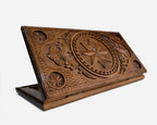 Luxury walnut backgammon set carved with interlocking octagons